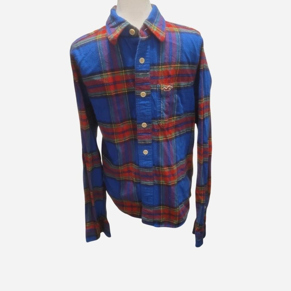 Hollister mens SZ Med red plaid bright blue button up flannel shirt